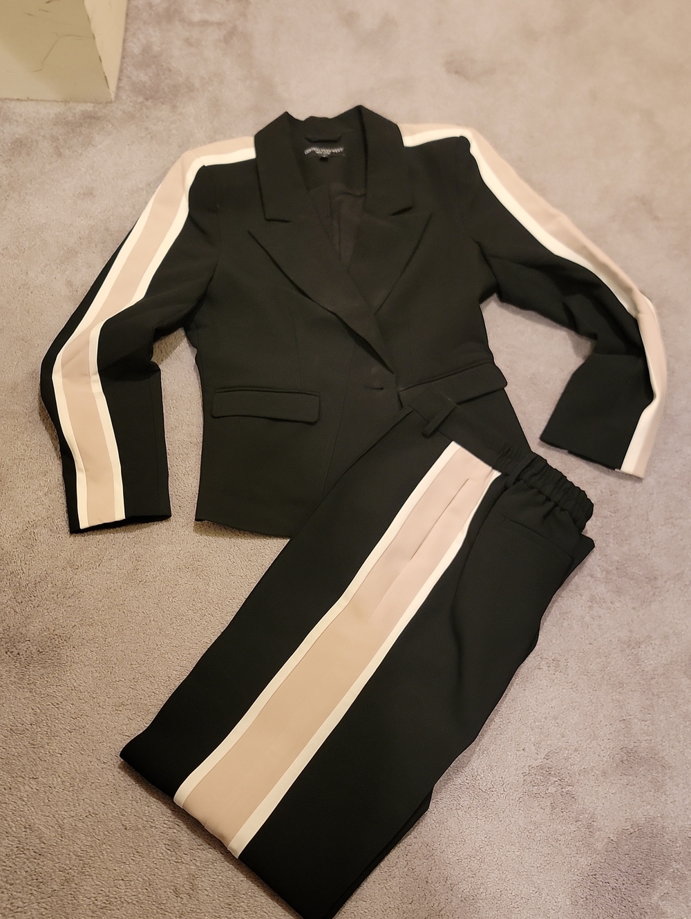Central Park West Black Two-Piece Pantsuit with Cream and Tan Stripes